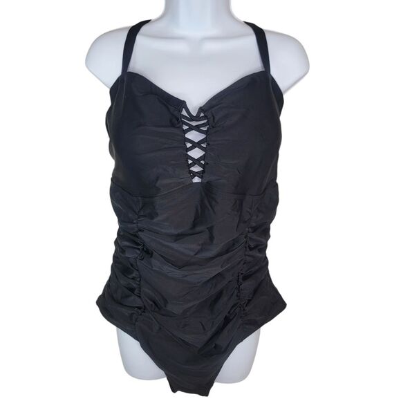 Torrid Slim Fix Wireless Lattice Front One Piece Swimsuit Black 3 3x - Picture 3 of 10